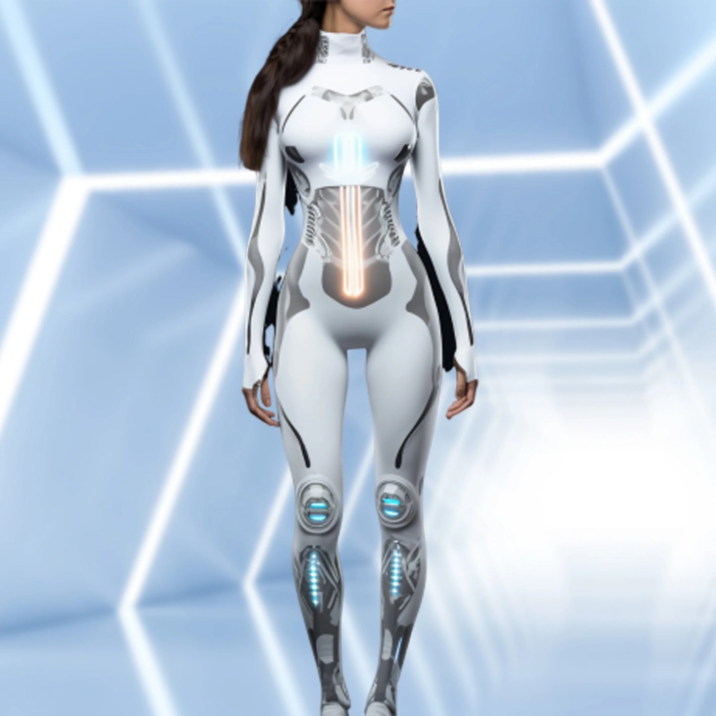 Mechanical Robot Print Cosplay Costume Women Sexy Onesie Futuristic Slim Jumpsuit Halloween Elastic Bodysuit Front Zipper Romper