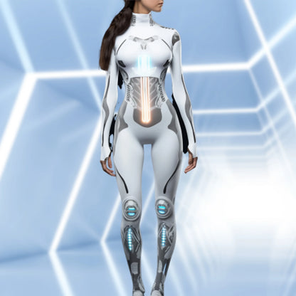 Mechanical Robot Print Cosplay Costume Women Sexy Onesie Futuristic Slim Jumpsuit Halloween Elastic Bodysuit Front Zipper Romper