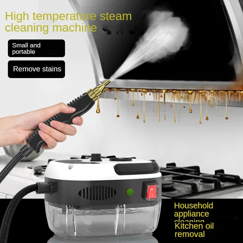 High temperature steam cleaning machine being used on a kitchen appliance with steam being emitted.