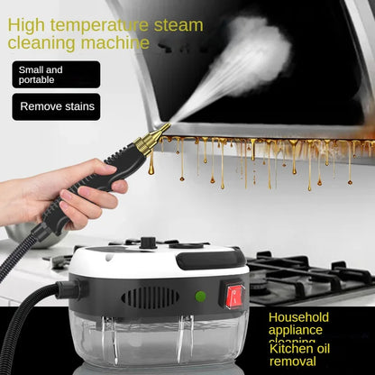 High temperature steam cleaning machine being used on a kitchen appliance with steam being emitted.