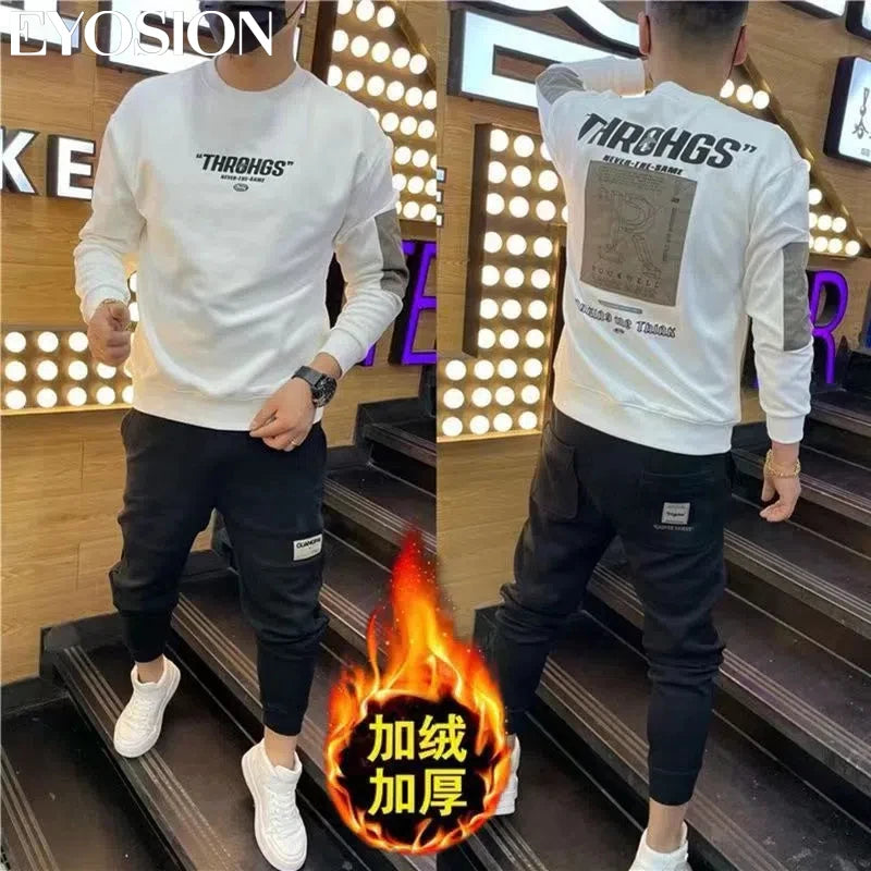Herbst Herren Sweatshirt Pullover Buchstaben-Druck Rundhals Slim Fit Verdicken Hoodie Langarm Freizeit Sweatshirt Herren Oberteile