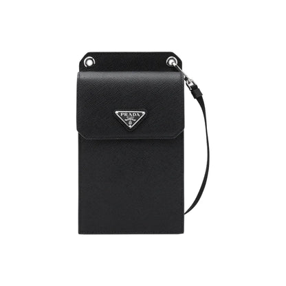 Black Prada phone case with strap on a white background