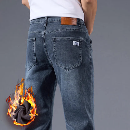 Men's Winter Warm Fleece Lined Thick Stretchable Business Casual Jeans Lightweight Trousers for Office And Daily Wear