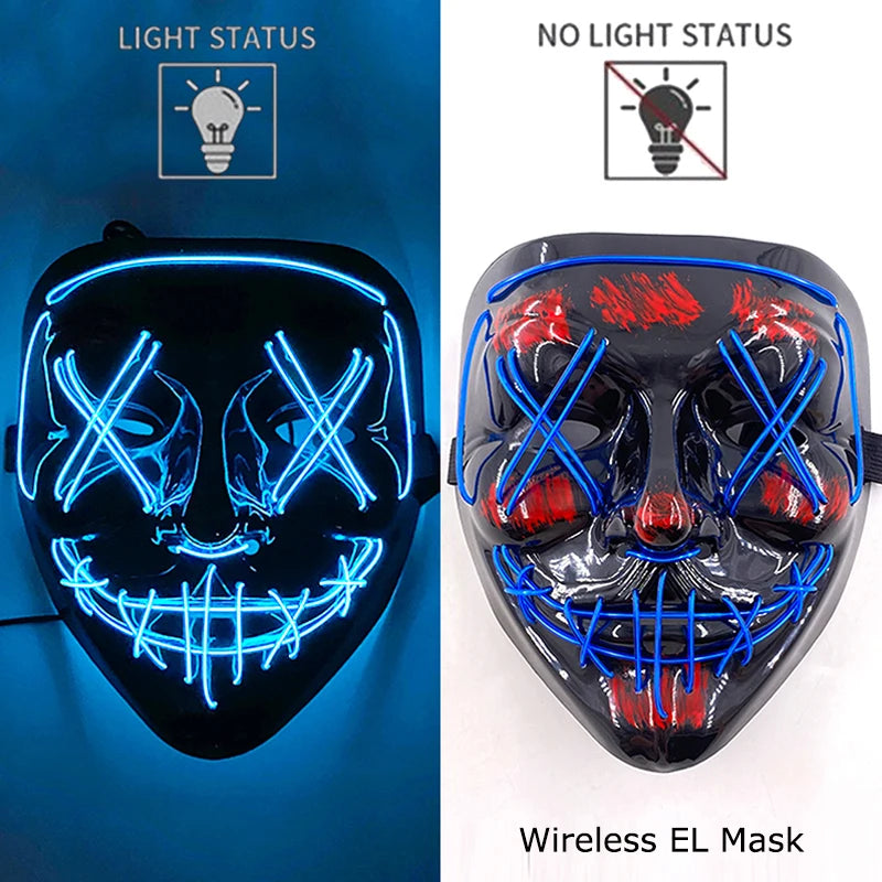 Drahtlose Neon-LED-Reinigungsmaske, im Dunkeln leuchtende Cosplay-Horrormaske, Halloween-Maskerade-Partymasken, leuchtende, lustige Verkleidung