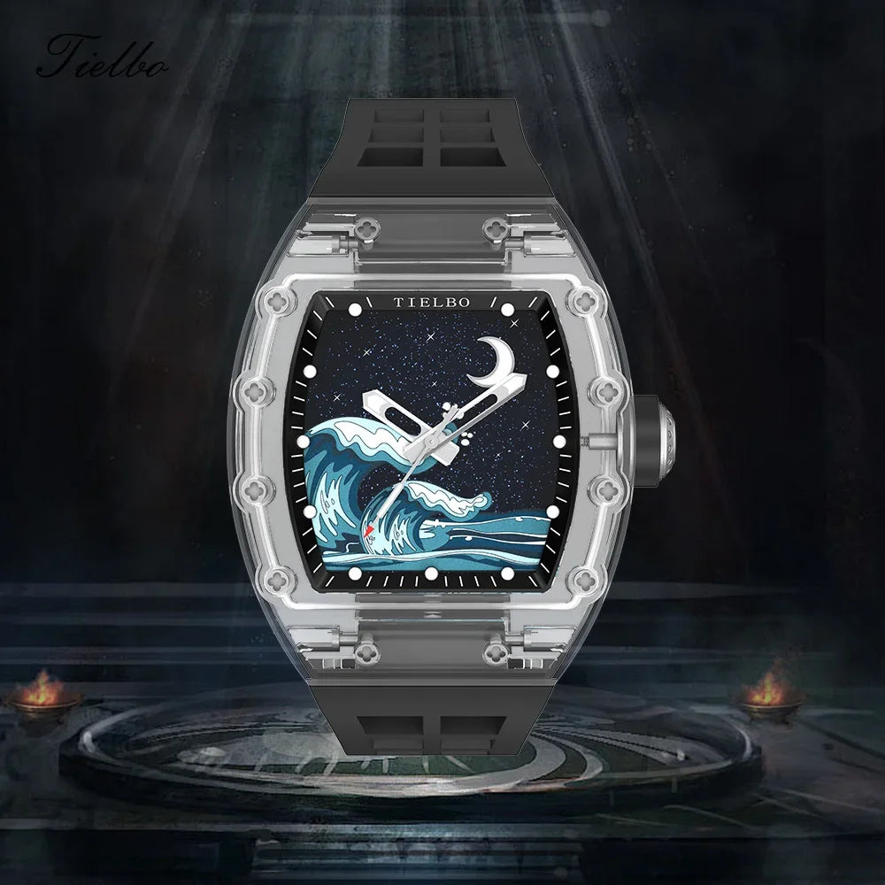 TIELBO Crystal Automatic Mechanical Case Watches Skeleton Sapphire Diamond Wristwatch Waterproof Luminous