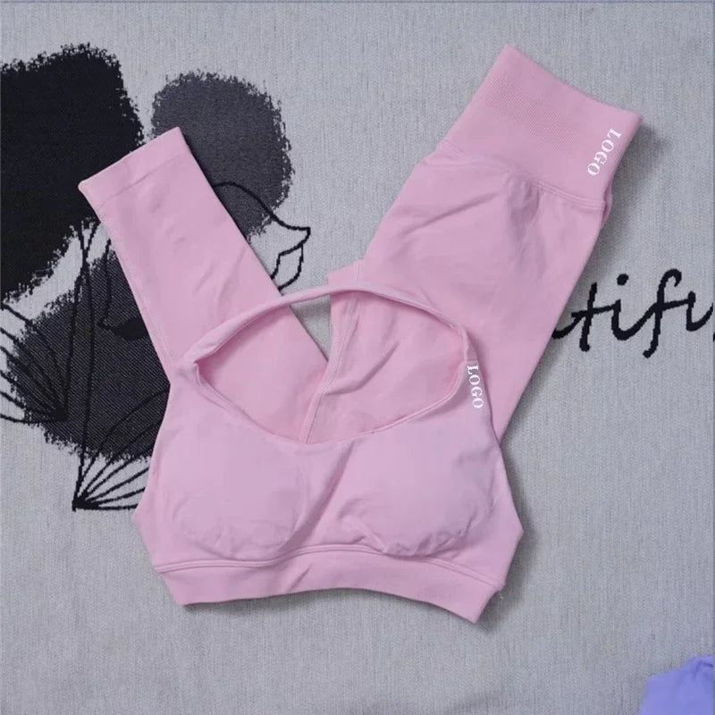 2Pcs Women's Gym Yoga Set Seamless High Waist Leggings Sports Bra Top Workout Outfit Fitness Activewear Running Training Clothes