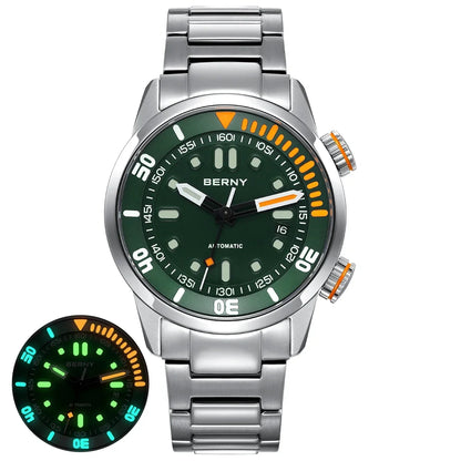 Silver watch with green dial and orange accents on a white background
