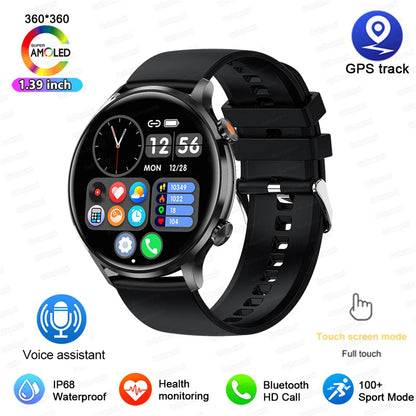 Black smartwatch with features highlighted on a white background
