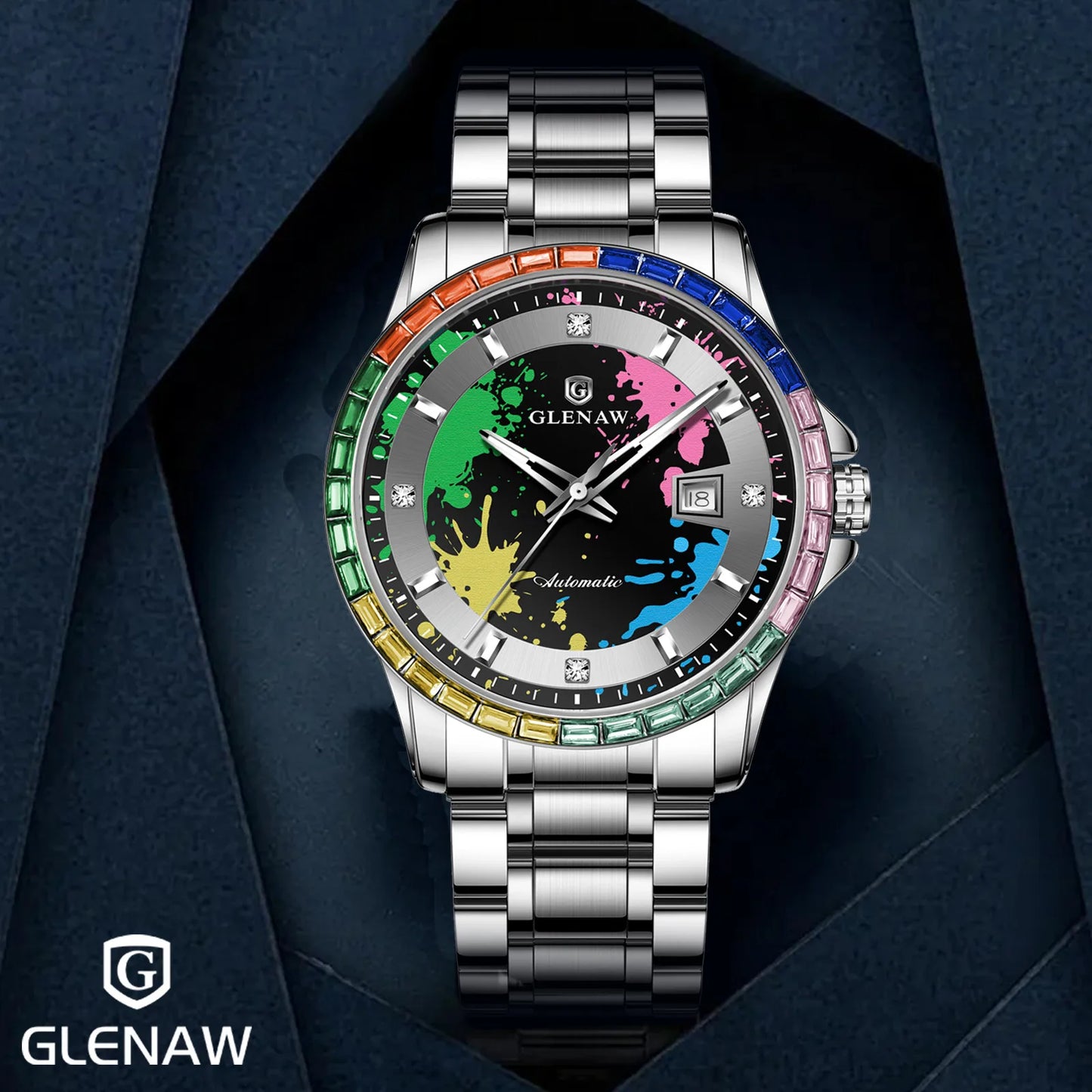 Rainbow Circle Mechanical Watch Graffiti Dial Night Light Calendar Waterproof Mechanical Watch
