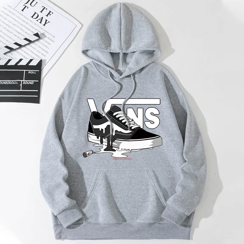 Gray hoodie with a graphic of sneakers and 'Vans' logo on a white background