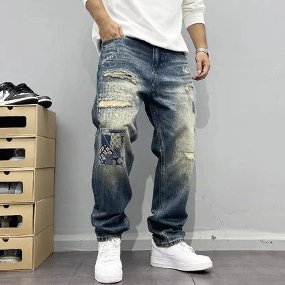 Men's Baggy Jeans – Distressed Patchwork Street Style