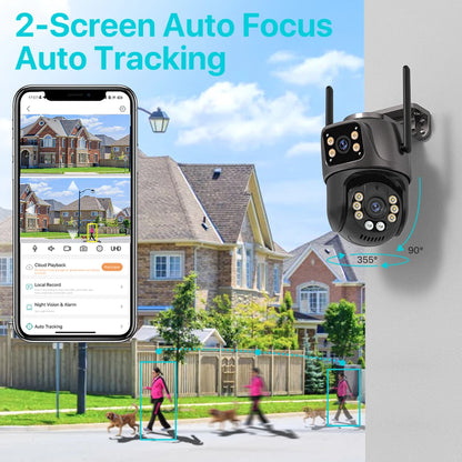 Home security camera system with smartphone app interface, showing a house and people with dogs in the background.