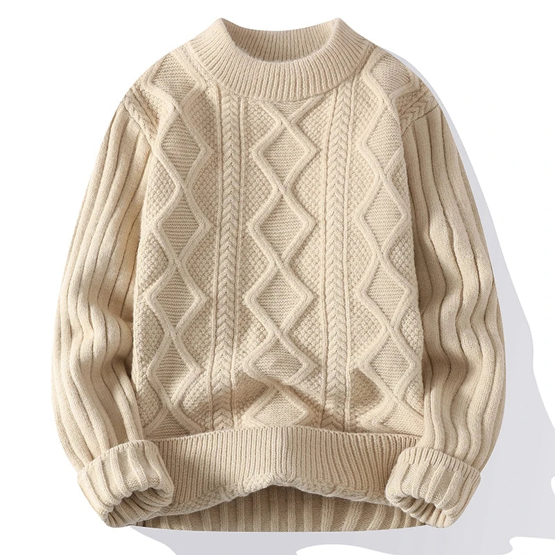 Thiened Knitted Warm Pure Color Low Collar Men's Twist Flower Sweater Autumn Winter New Sle Youth round Ne Base irt