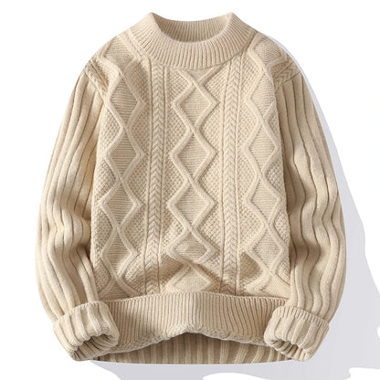 Thiened Knitted Warm Pure Color Low Collar Men's Twist Flower Sweater Autumn Winter New Sle Youth round Ne Base irt