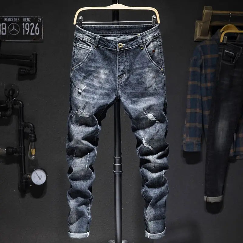 American Elastic Straight Jeans Men Ripped Worn-out Slim-fit Cotton Men's Clothing