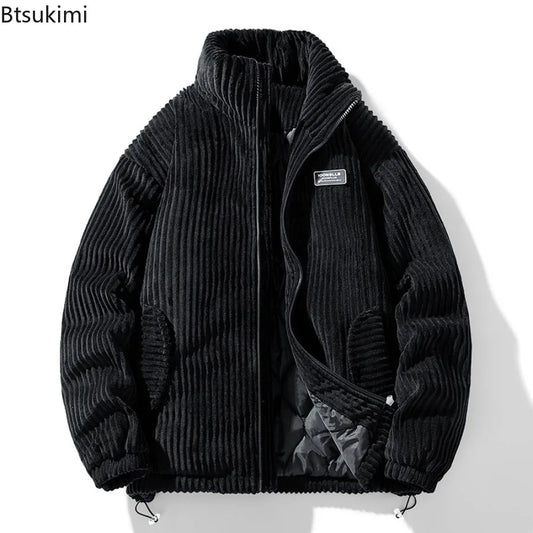 Neue Wintermode Lässige Parkas für Herren Stehkragen Einfarbige Oberbekleidung Cord Verdickte Warme Jacke Baumwollgefütterte Jacke