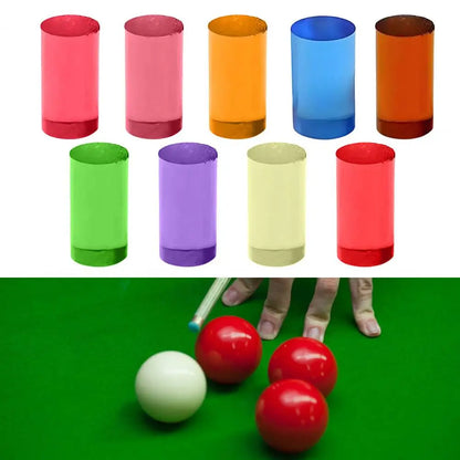 Set of colorful transparent cups and a pool table scene with balls and cues.