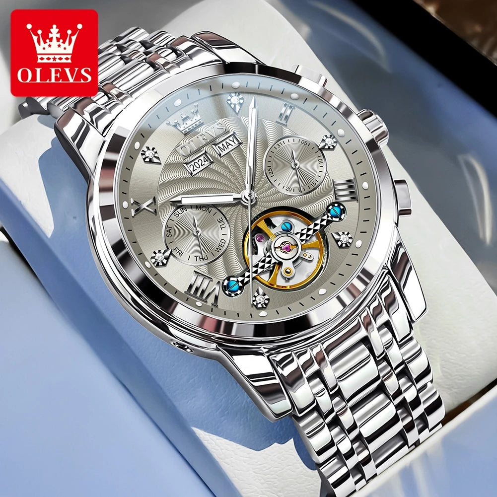 OLEVS Luxuriöse automatische mechanische Uhren für Herren, Skelett-Unruh-Kalender-Woche, Business-Herrenuhr, ausgehöhlte Herrenuhren