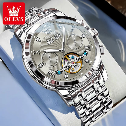 OLEVS Luxuriöse automatische mechanische Uhren für Herren, Skelett-Unruh-Kalender-Woche, Business-Herrenuhr, ausgehöhlte Herrenuhren