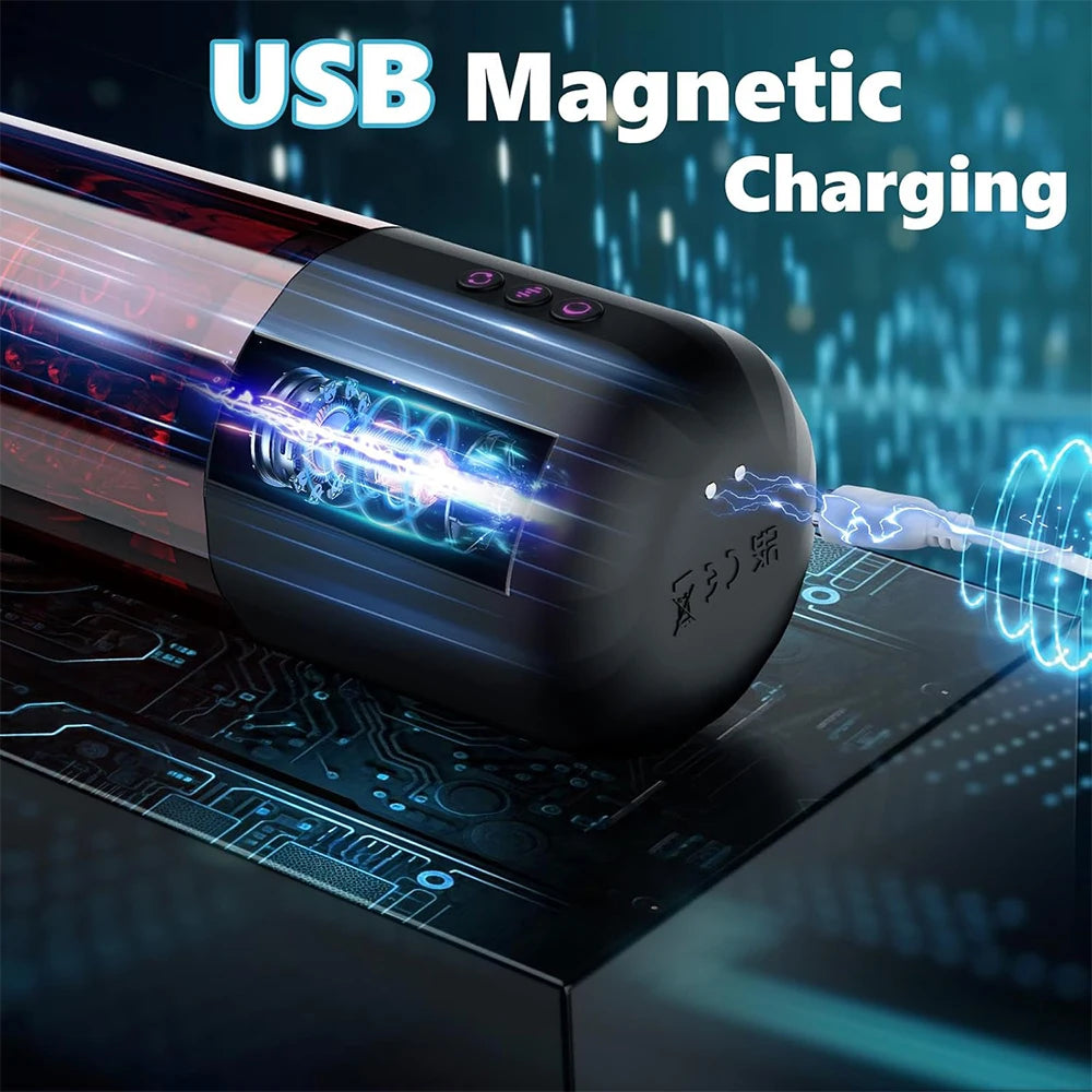 USB magnetic charging device with glowing blue energy effect on a dark background
