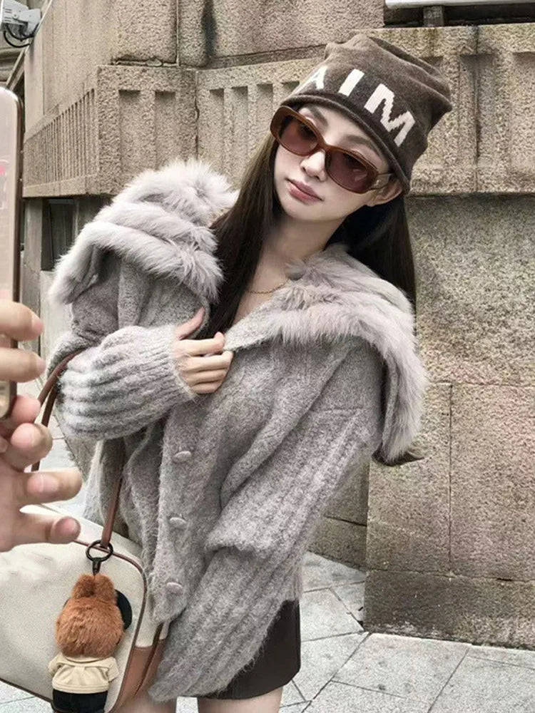 Women's Knit Cardigan With Faux Fur Collar Fashion Long Sleeve Single Breasted Sweater Coat Lady 2026 Spring Chic Streetwear