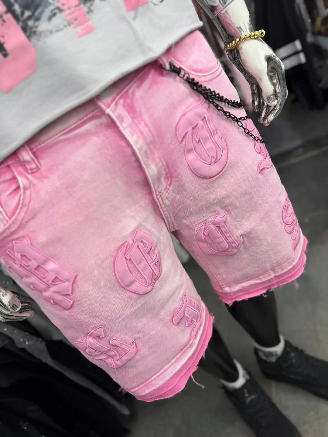 High Street Element Five Star Patch Designer Pink Denim Pants Baggy Rock Short Jeans