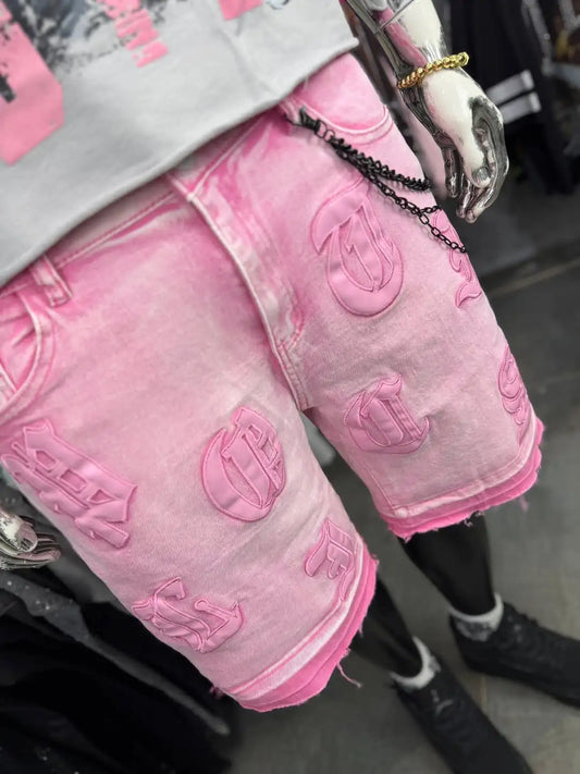 High Street Element Five Star Patch Designer Pink Denim Pants Baggy Rock Short Jeans