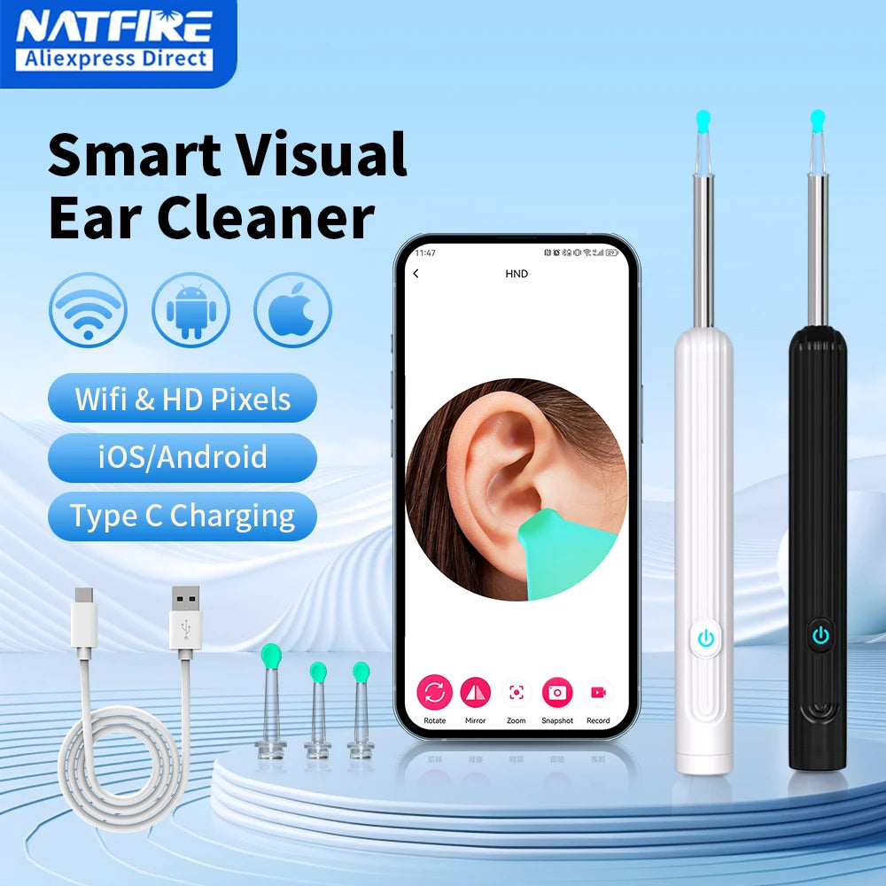 Smart visual ear cleaner with phone app, ear canal view, and charging cable on a blue background.