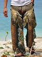 Men's Casual Linen Cotton trousers, Summer Ethnic Printed Beach pants, retro, mid-waist, zippered, Large Size Ropa Hombre