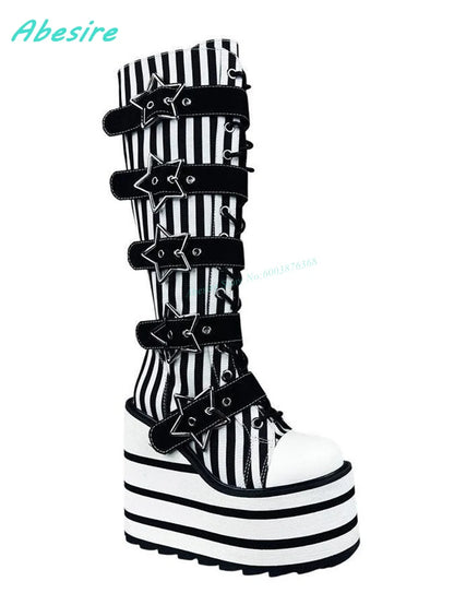 Knee High Platform Boots Buckle Stripe Women