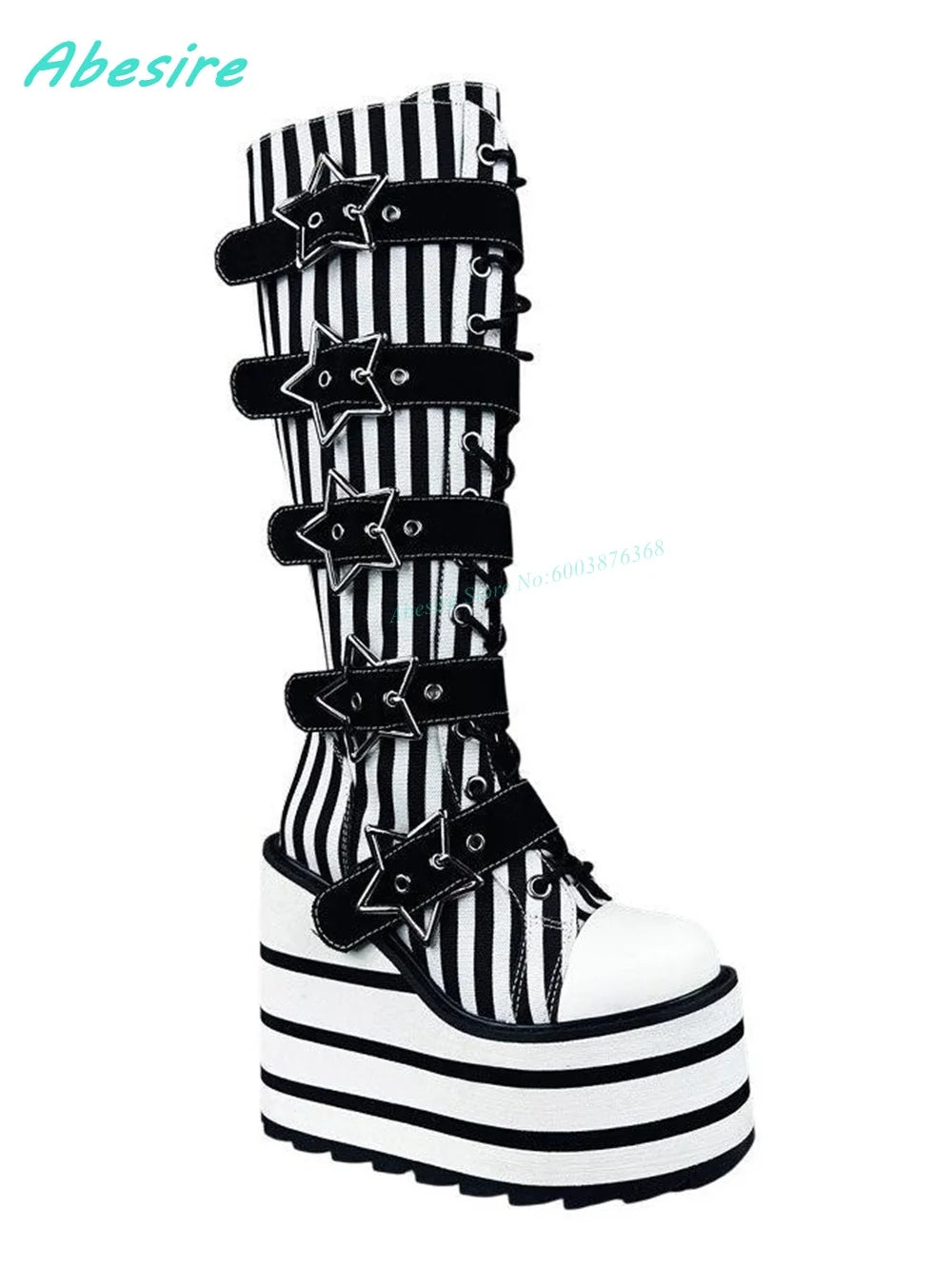 Knee High Platform Boots Buckle Stripe Women