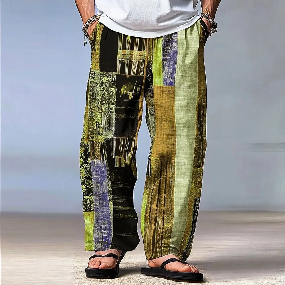Men's Color Block Patchwork Pants Trousers Mid Waist Drawstring Elastic Waist Hawaiian Casual Outdoor Straight Leg Trousers