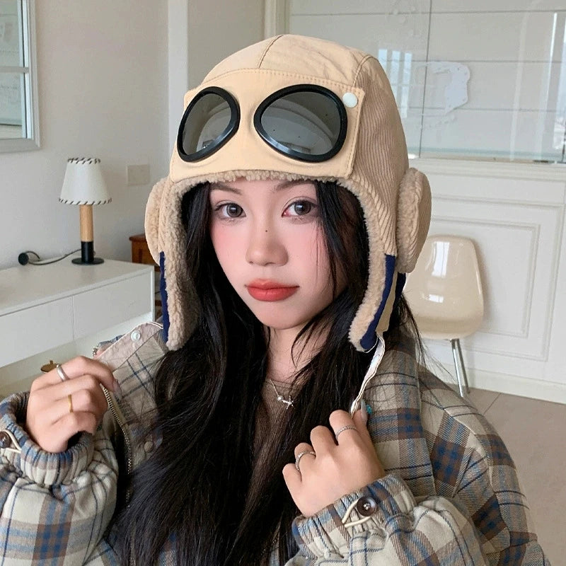 Autumn and winter velvet warm hat, women's goggles, flight hat, outdoor cycling windproof ear protection, Lei Feng hat