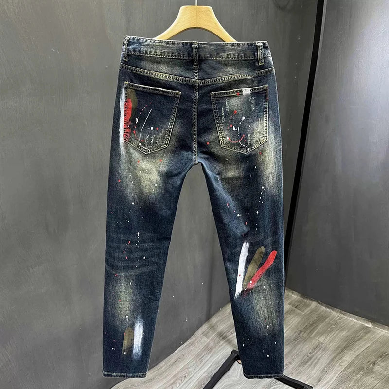 Designer Slim Fit Jeans Spring Brand Washed Patchwork Casual Long Pants Cotton Stretch Denim