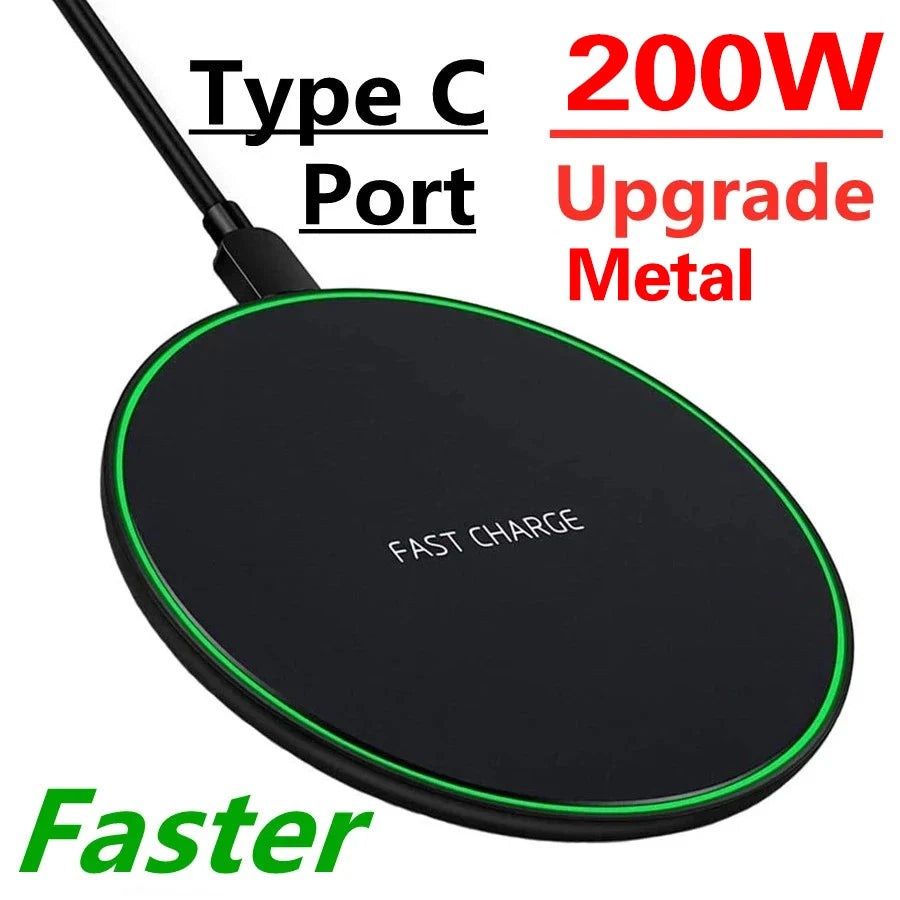 Black wireless charging pad with text highlighting features on a white background