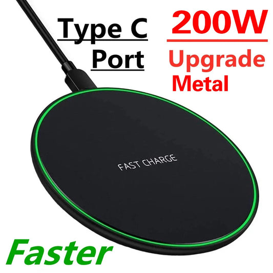 Black wireless charging pad with text highlighting features on a white background
