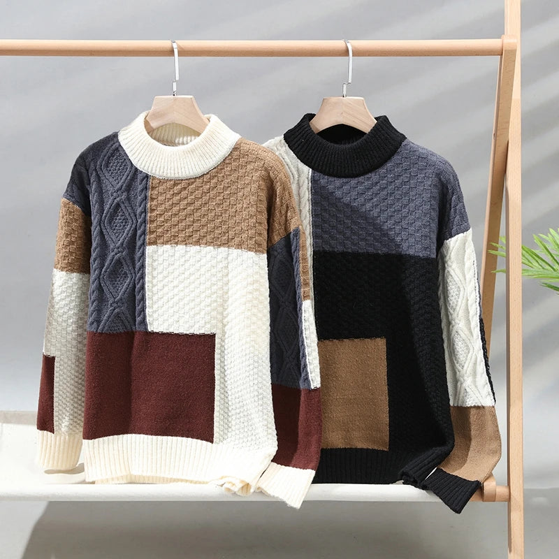 Men's Clothing Round Neck Autumn Winter Pullover Lantern Long Sleeve Screw Thread Sweater Knitted Casual Contrast Color Tops