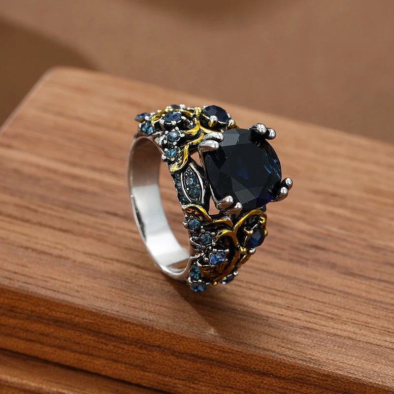 Retro and Trendy Blue Color Inlaid Zircon Leaf Women's Ring, Luxurious and Fashionable Banquet Party Accessories, Jewelry Gifts
