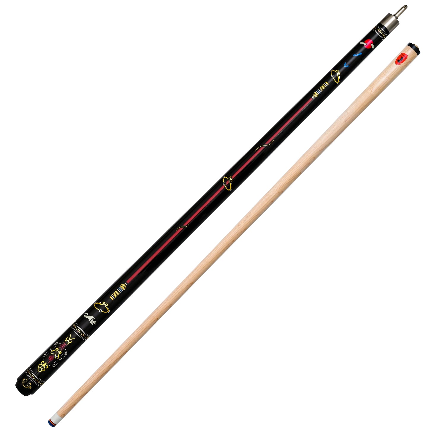 12.5mm Multi-Layer Tip Hard Maple Pool Cue with Gold Stamped Patterns - 58.66 Inch Stainless Steel Quick-Release Joint