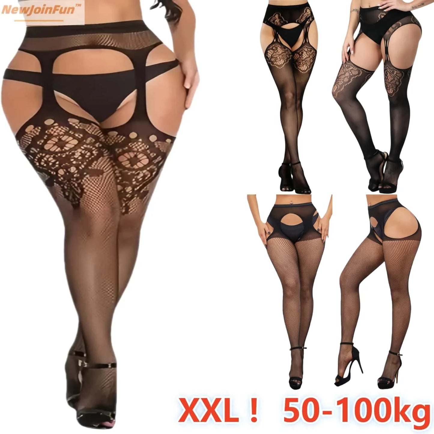 Black lace lingerie set with stockings and garter belts on a white background, featuring the brand 'NewJoinFun'.