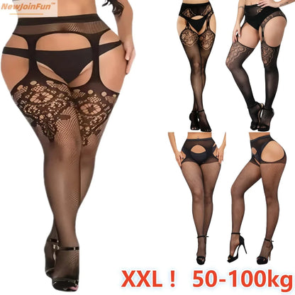 Black lace lingerie set with stockings and garter belts on a white background, featuring the brand 'NewJoinFun'.