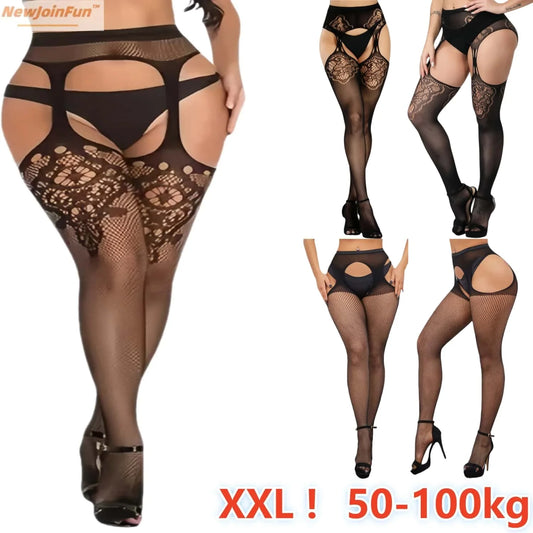 Black lace lingerie set with stockings and garter belts on a white background, featuring the brand 'NewJoinFun'.