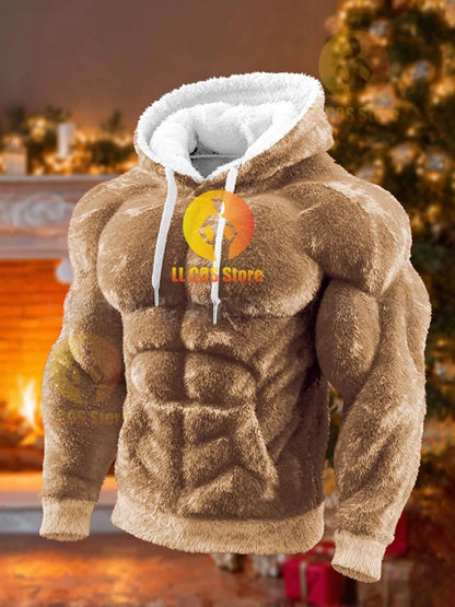 Men's Casual Sports Hoodie Fleece Lined Chest Muscle Print Long Sleeve Loose Fit Polyester Fiber Digital Print Hooded Sweatshirt
