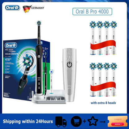 Oral B Elektrische Zahnbürste Pro 4000 3D-Reinigung Tägliche Reinigung Zähne Sichtbarer Andrucksensor 4 Modi Zahnfleischpflege Wasserdicht Wiederaufladbar