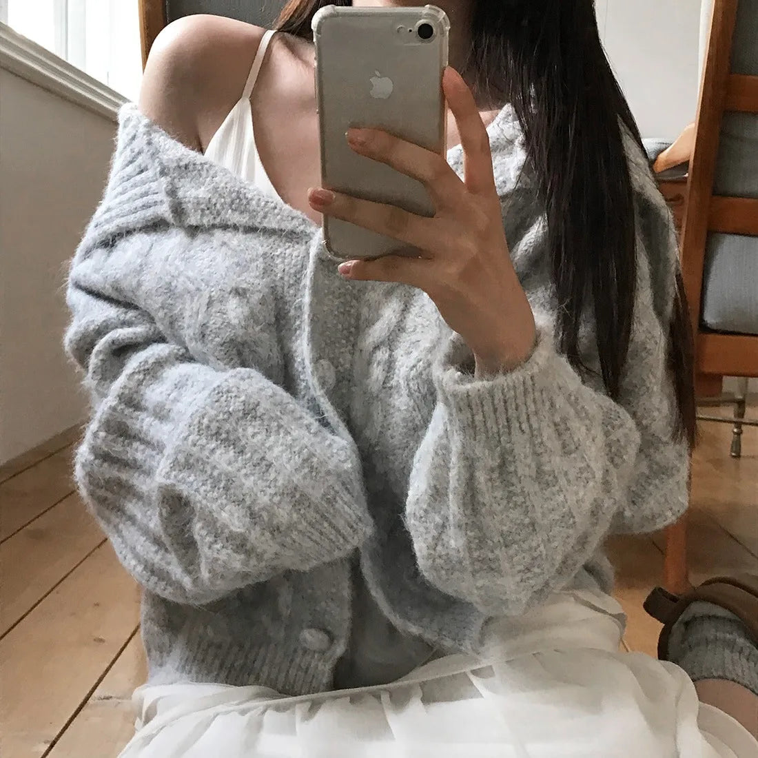 Women's Chic Autumn Winter Knitted Sweater Thi Needle Long Sve Navy Collar Lazy Knit Open Cardigan Soft Cozy Top