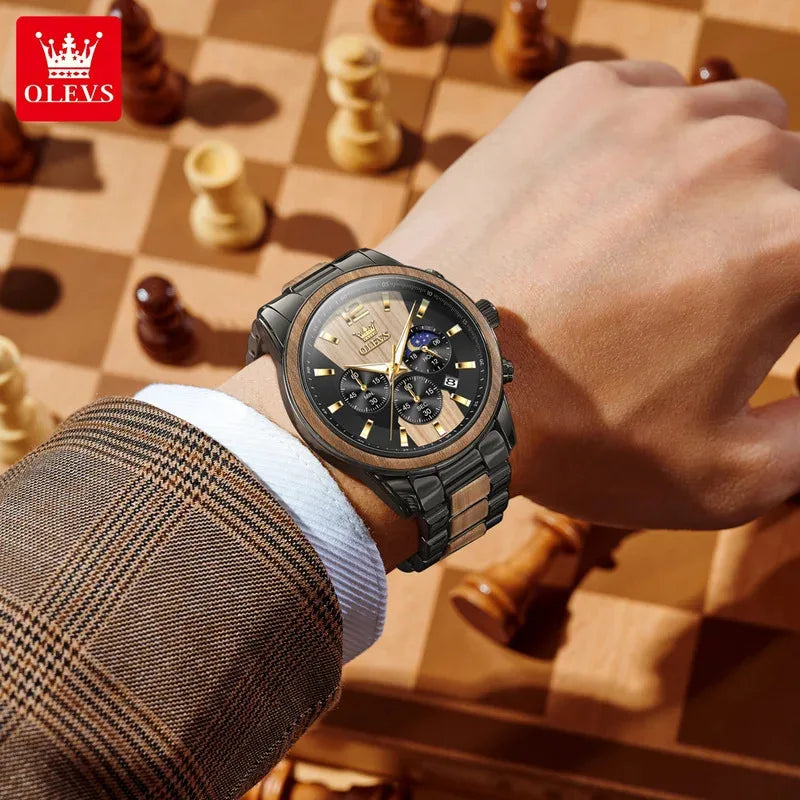 OLEVS Herren-Holzchronograph — Retro-Luxus & Nachtlicht