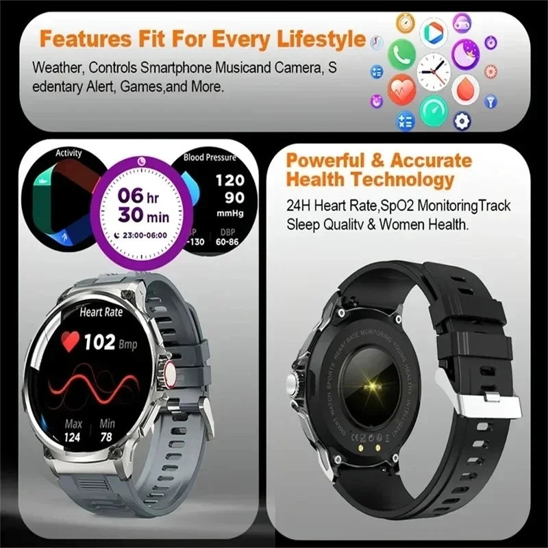 Smartwatch with features for health monitoring and lifestyle control on a gray background