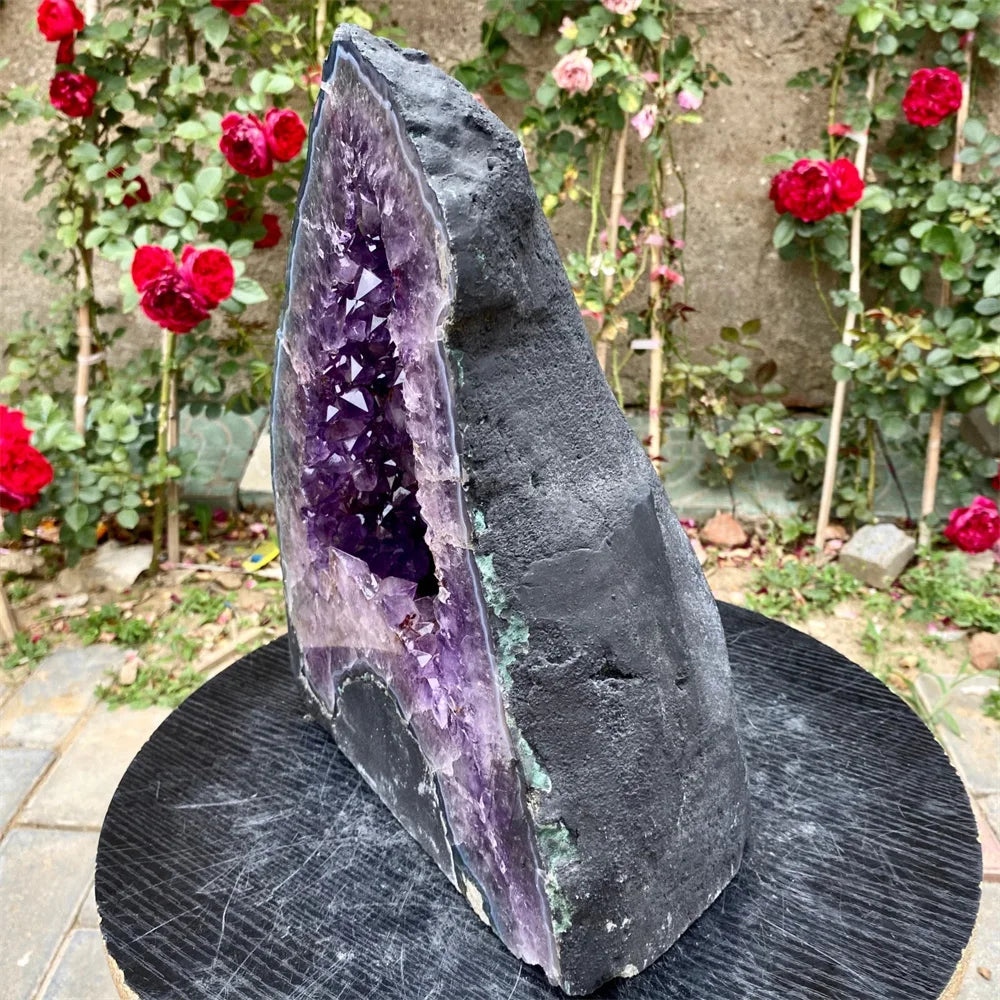 Natural Amethyst Cave Quartz Crystal Group, Cathedral-Style Energy Healing Device With Stand