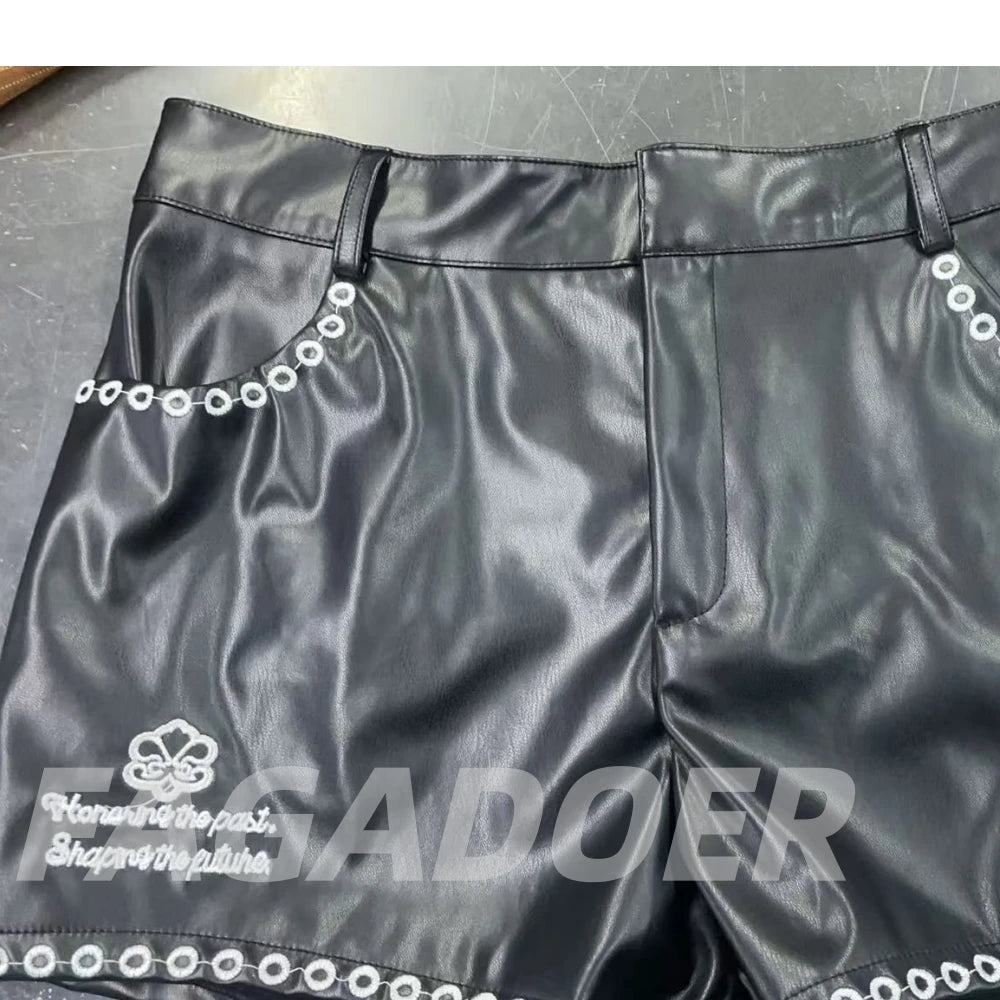 FAGADOER Fashion Letter Embroidery Two Piece Outfits Woman Long Sleeves Leather Patchwork Crop Top and Shorts Female Streetwear
