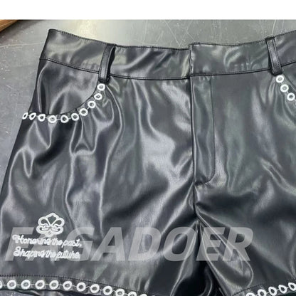 FAGADOER Fashion Letter Embroidery Two Piece Outfits Woman Long Sleeves Leather Patchwork Crop Top and Shorts Female Streetwear